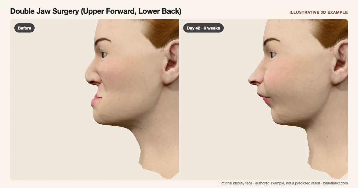 Double Jaw Surgery (Upper Forward, Lower Back) on a fictional 3D face: before treatment and day 42 · 6 weeks