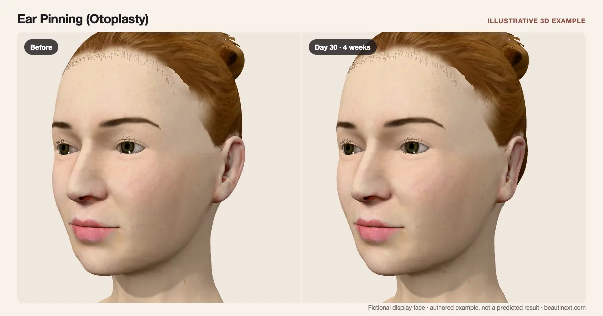 Ear Pinning (Otoplasty) on a fictional 3D face: before treatment and day 30 · 4 weeks
