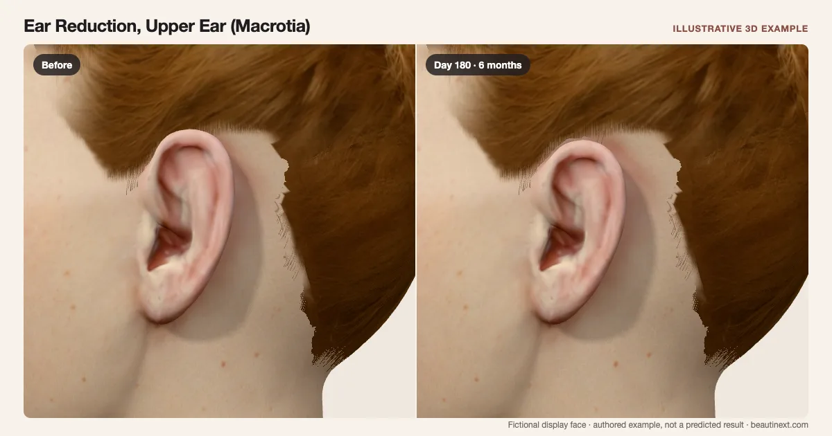 Ear Reduction, Upper Ear (Macrotia) on a fictional 3D face: before treatment and day 180 · 6 months