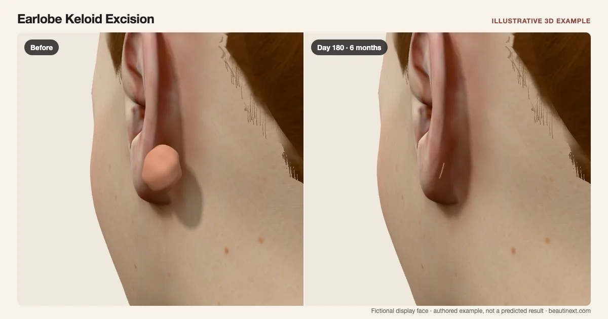 Earlobe Keloid Excision on a fictional 3D face: before treatment and day 180 · 6 months