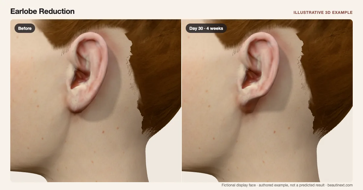 Earlobe Reduction on a fictional 3D face: before treatment and day 30 · 4 weeks