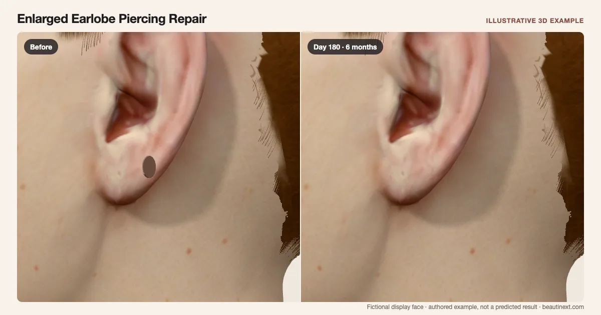Enlarged Earlobe Piercing Repair on a fictional 3D face: before treatment and day 180 · 6 months