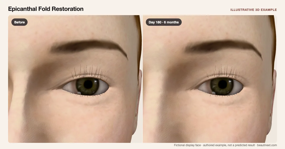Epicanthal Fold Restoration on a fictional 3D face: before treatment and day 180 · 6 months