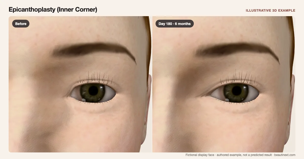 Epicanthoplasty (Inner Corner) on a fictional 3D face: before treatment and day 180 · 6 months