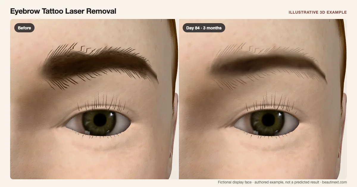 Eyebrow Tattoo Laser Removal on a fictional 3D face: before treatment and day 84 · 3 months