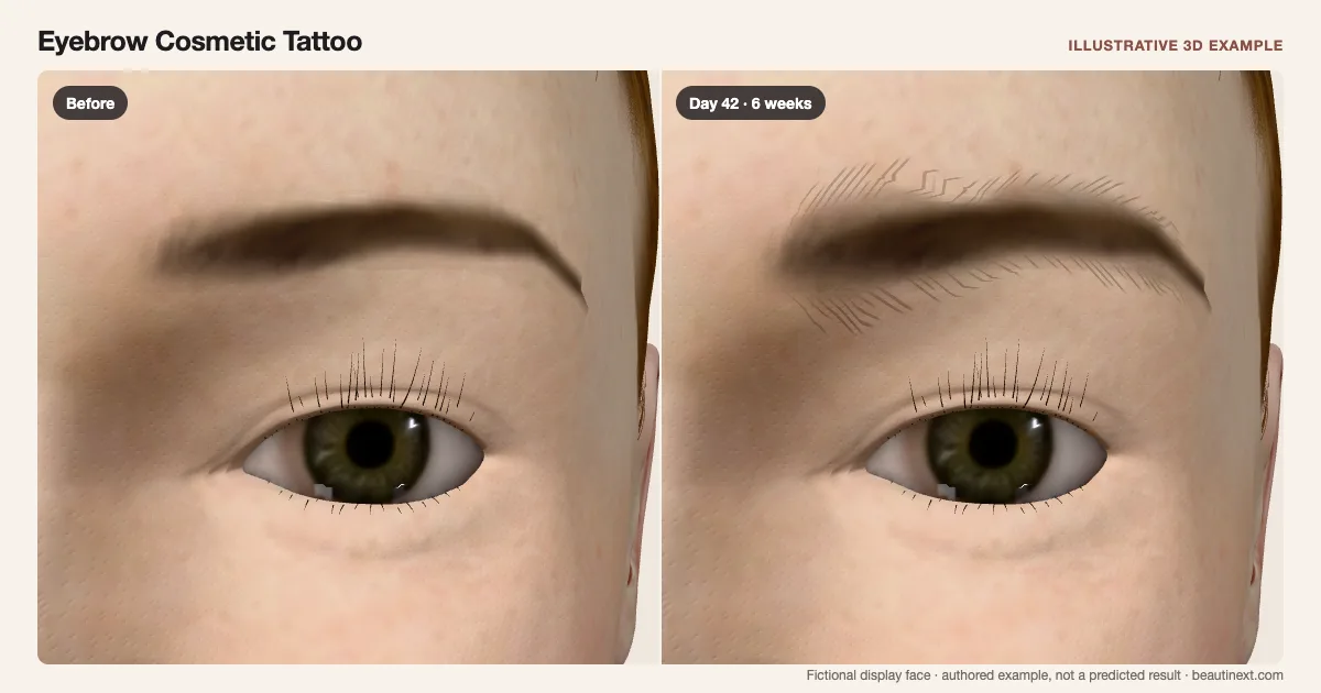 Eyebrow Cosmetic Tattoo on a fictional 3D face: before treatment and day 42 · 6 weeks