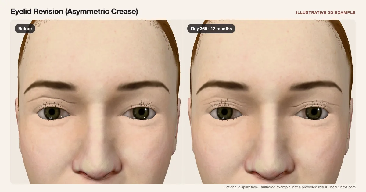 Eyelid Revision (Asymmetric Crease) on a fictional 3D face: before treatment and day 365 · 12 months