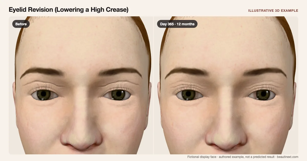 Eyelid Revision (Lowering a High Crease) on a fictional 3D face: before treatment and day 365 · 12 months