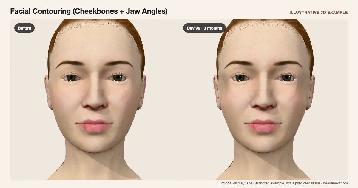 Facial Contouring (Cheekbones + Jaw Angles) on a fictional 3D face: before treatment and day 90 · 3 months