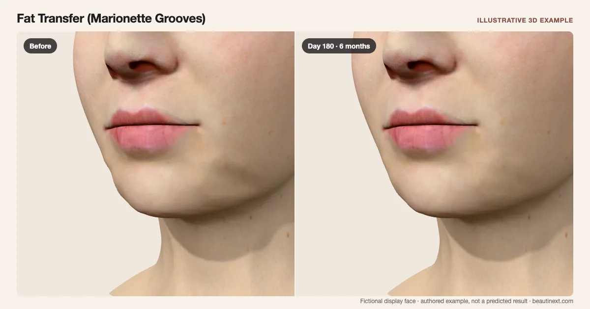 Fat Transfer (Marionette Grooves) on a fictional 3D face: before treatment and day 180 · 6 months
