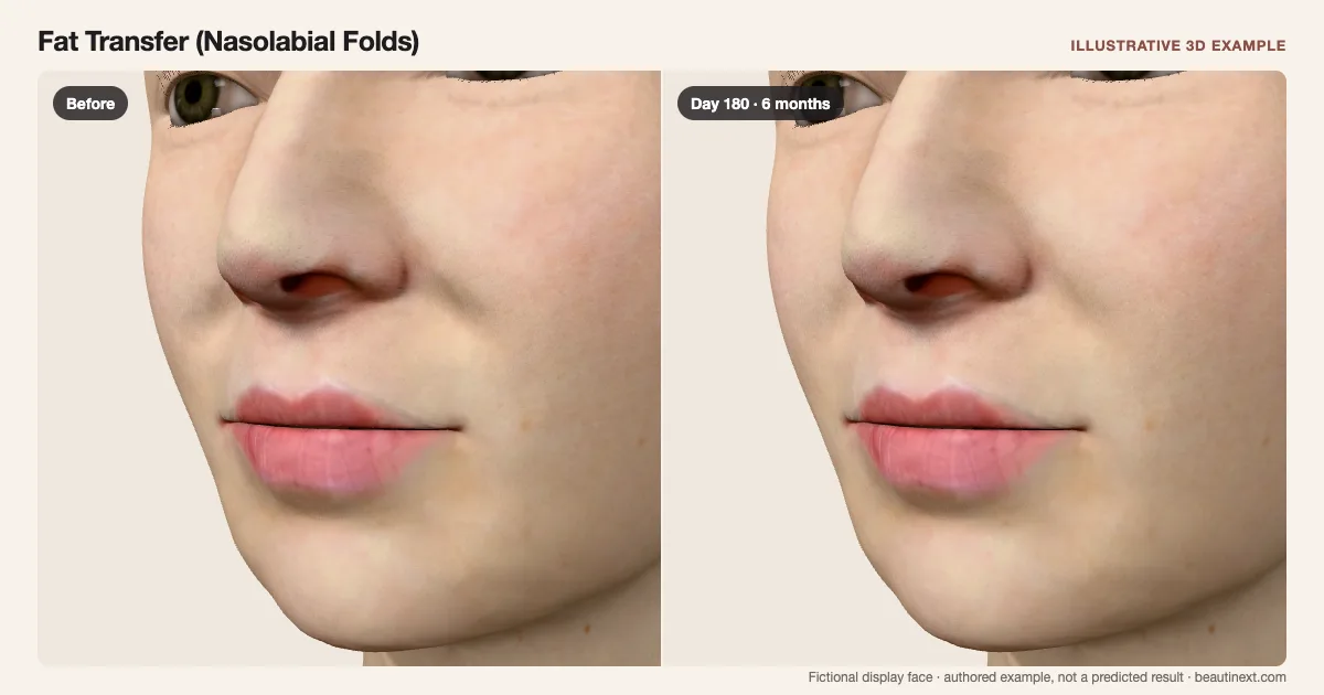 Fat Transfer (Nasolabial Folds) on a fictional 3D face: before treatment and day 180 · 6 months