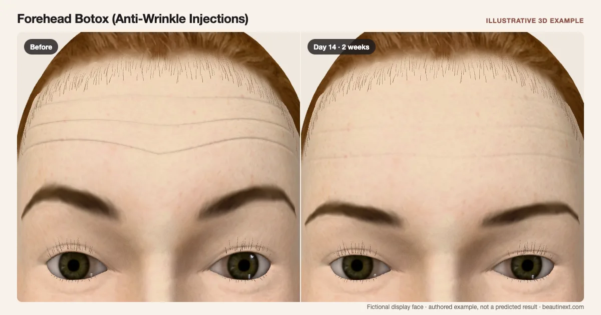 Forehead Botox (Anti-Wrinkle Injections) on a fictional 3D face: before treatment and day 14 · 2 weeks