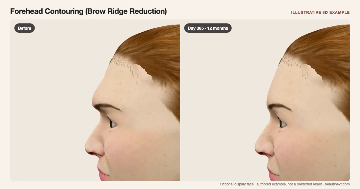 Forehead Contouring (Brow Ridge Reduction) on a fictional 3D face: before treatment and day 365 · 12 months