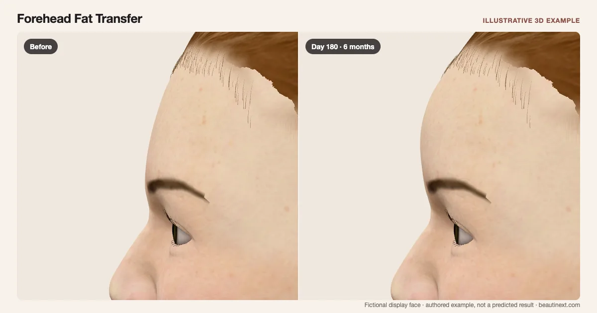 Forehead Fat Transfer on a fictional 3D face: before treatment and day 180 · 6 months