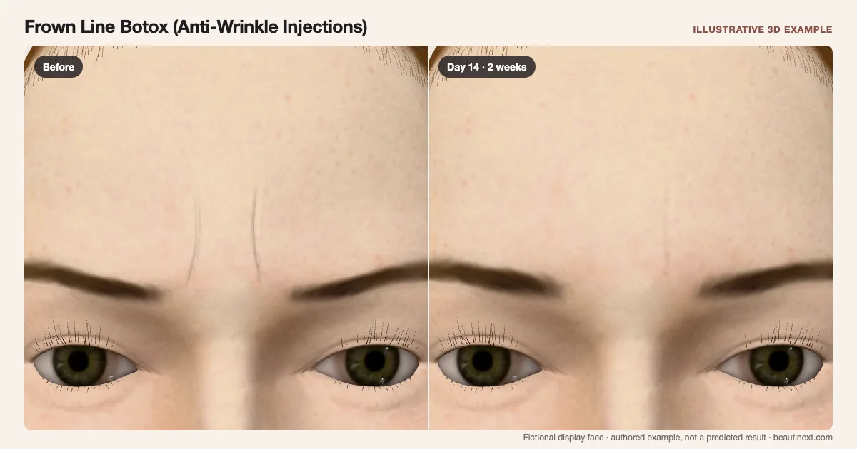 Frown Line Botox (Anti-Wrinkle Injections) on a fictional 3D face: before treatment and day 14 · 2 weeks