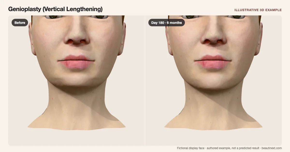 Genioplasty (Vertical Lengthening) on a fictional 3D face: before treatment and day 180 · 6 months