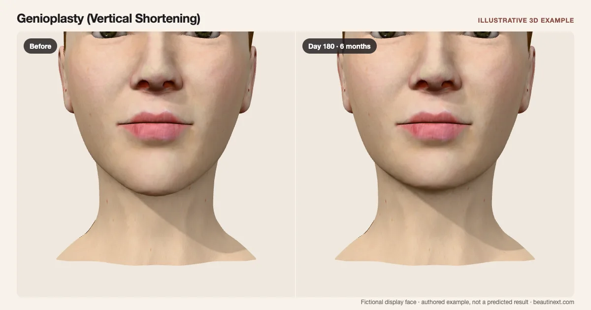 Genioplasty (Vertical Shortening) on a fictional 3D face: before treatment and day 180 · 6 months