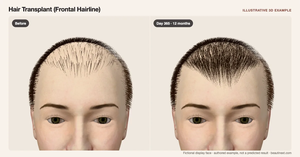 Hair Transplant (Frontal Hairline) on a fictional 3D face: before treatment and day 365 · 12 months