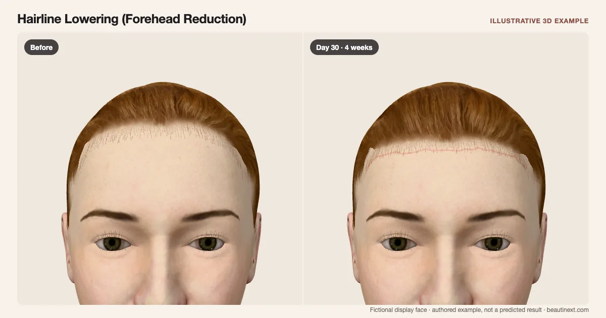 Hairline Lowering (Forehead Reduction) on a fictional 3D face: before treatment and day 30 · 4 weeks