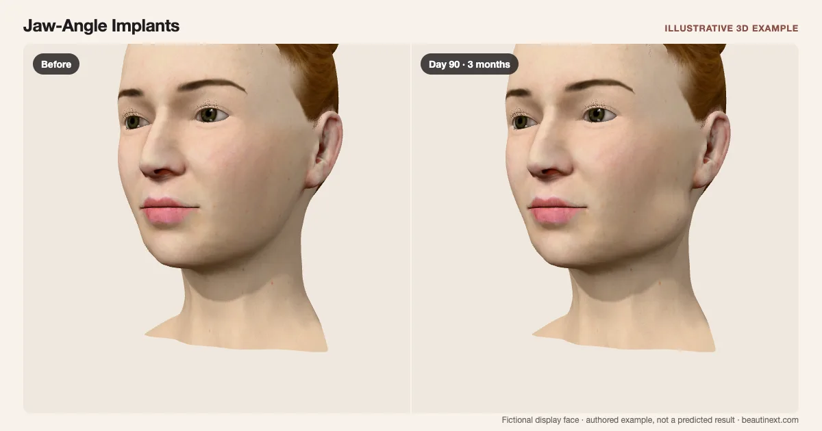 Jaw-Angle Implants on a fictional 3D face: before treatment and day 90 · 3 months