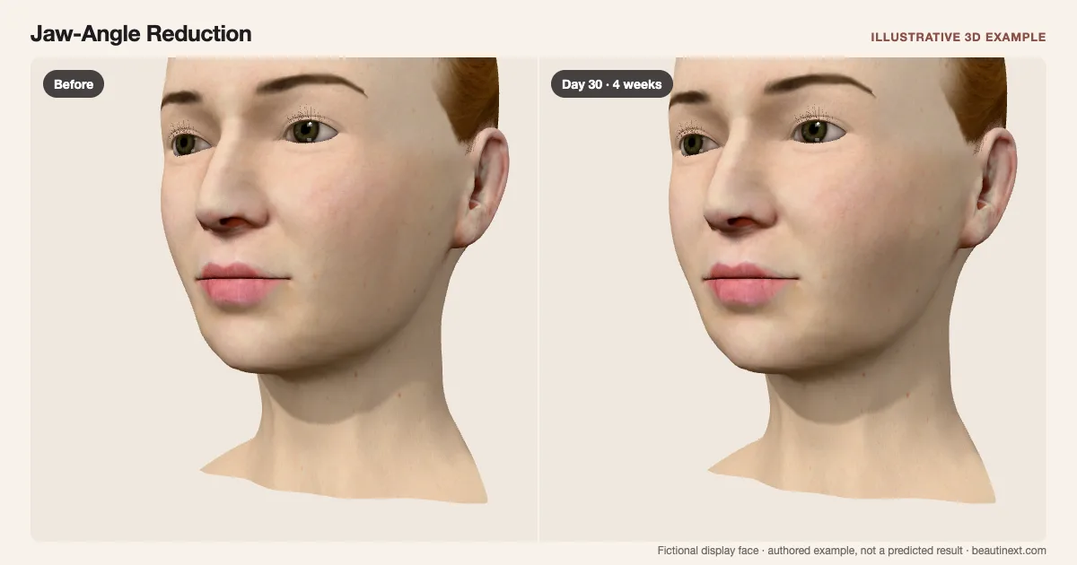 Jaw-Angle Reduction on a fictional 3D face: before treatment and day 30 · 4 weeks