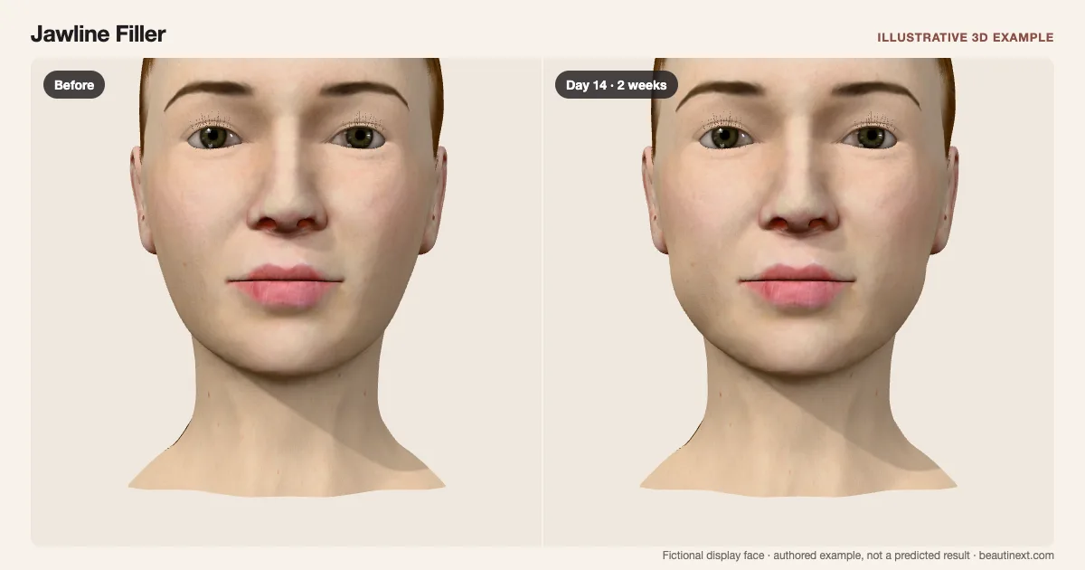 Jawline Filler on a fictional 3D face: before treatment and day 14 · 2 weeks