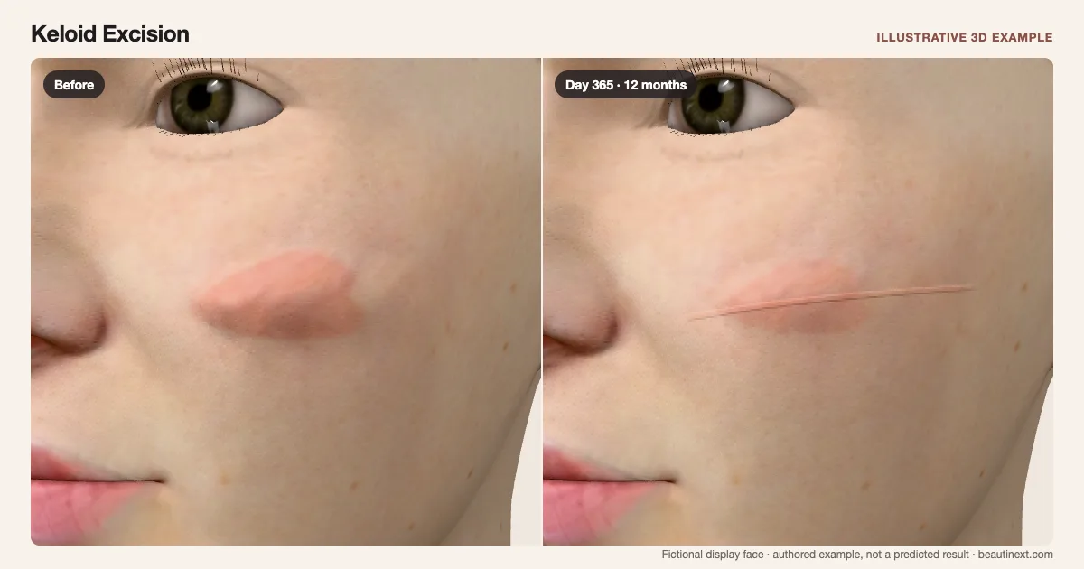 Keloid Excision on a fictional 3D face: before treatment and day 365 · 12 months