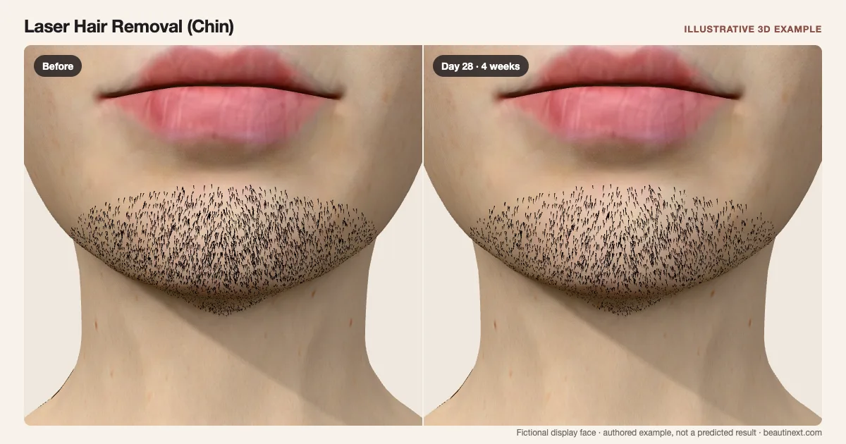 Laser Hair Removal (Chin) on a fictional 3D face: before treatment and day 28 · 4 weeks