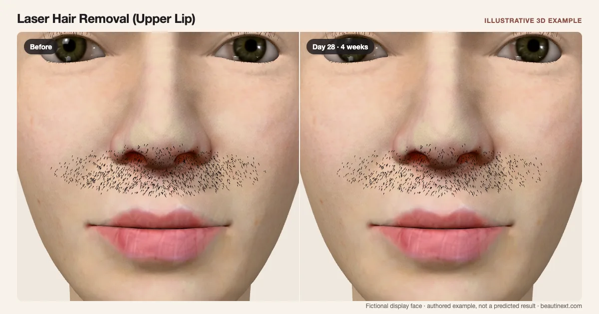 Laser Hair Removal (Upper Lip) on a fictional 3D face: before treatment and day 28 · 4 weeks