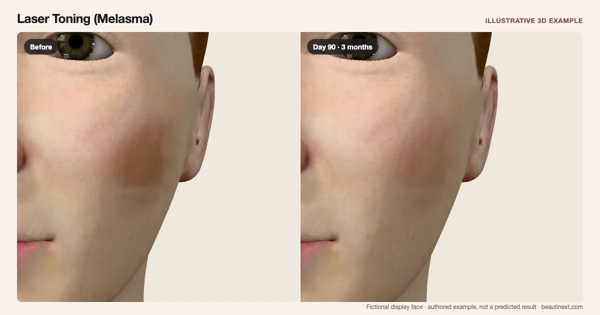 Laser Toning (Melasma) on a fictional 3D face: before treatment and day 90 · 3 months