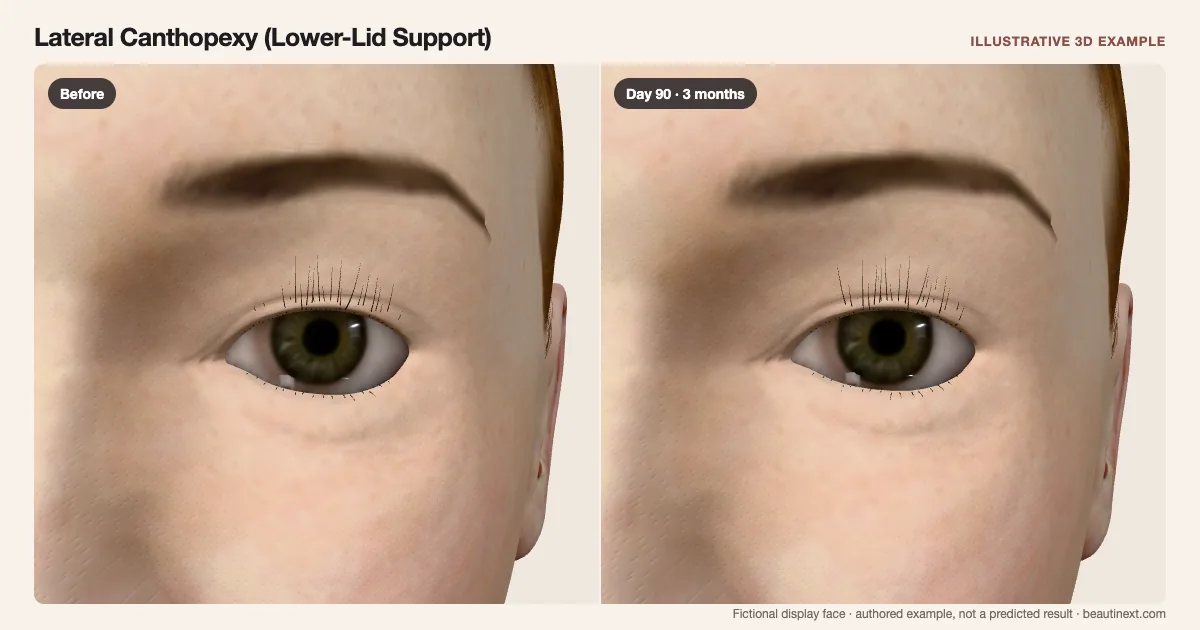 Lateral Canthopexy (Lower-Lid Support) on a fictional 3D face: before treatment and day 90 · 3 months