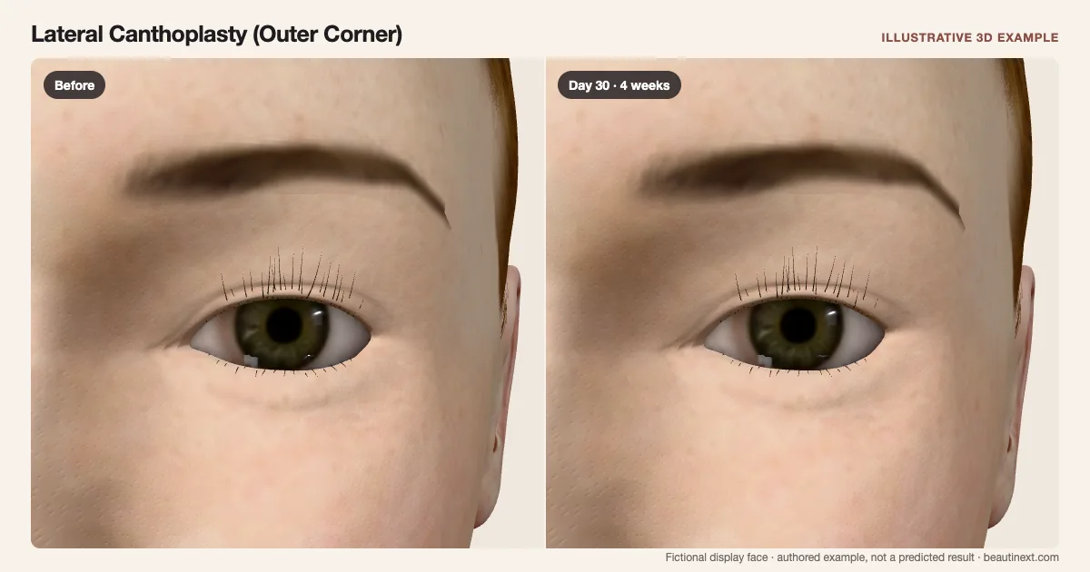 Lateral Canthoplasty (Outer Corner) on a fictional 3D face: before treatment and day 30 · 4 weeks
