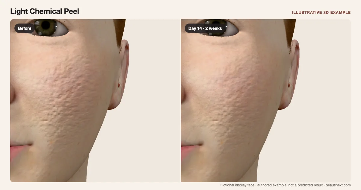 Light Chemical Peel on a fictional 3D face: before treatment and day 14 · 2 weeks