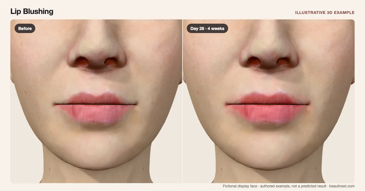 Lip Blushing on a fictional 3D face: before treatment and day 28 · 4 weeks