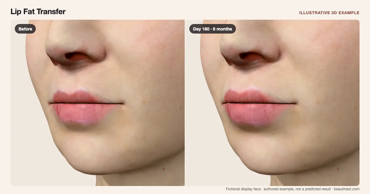 Lip Fat Transfer on a fictional 3D face: before treatment and day 180 · 6 months
