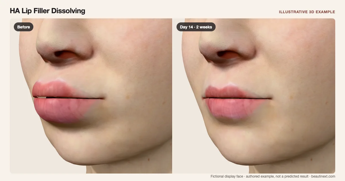 HA Lip Filler Dissolving on a fictional 3D face: before treatment and day 14 · 2 weeks