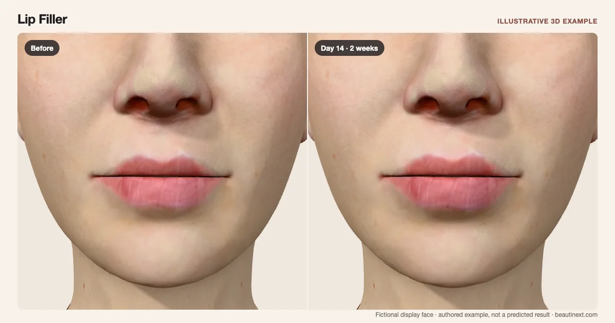 Lip Filler on a fictional 3D face: before treatment and day 14 · 2 weeks