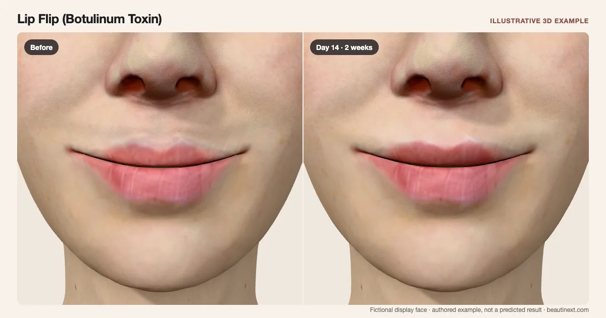 Lip Flip (Botulinum Toxin) on a fictional 3D face: before treatment and day 14 · 2 weeks