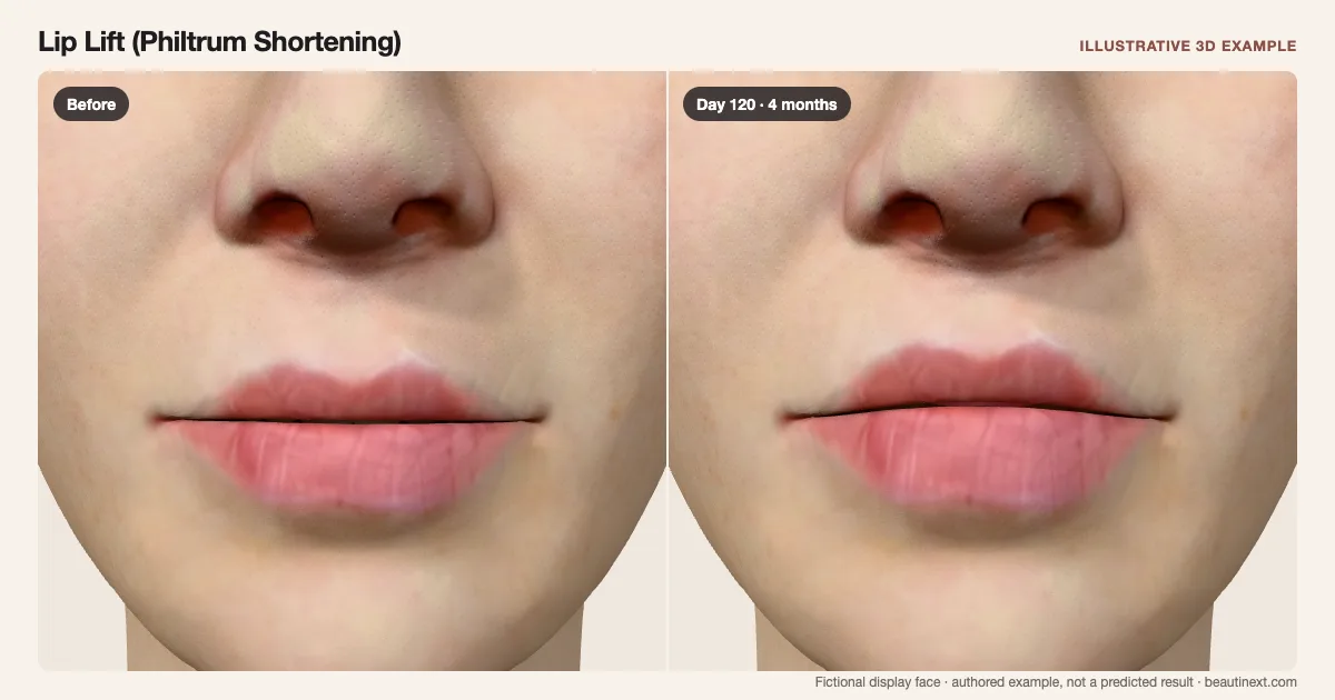 Lip Lift (Philtrum Shortening) on a fictional 3D face: before treatment and day 120 · 4 months