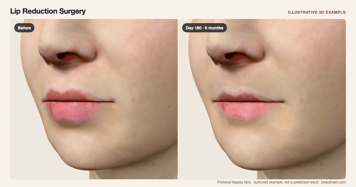Lip Reduction Surgery on a fictional 3D face: before treatment and day 180 · 6 months