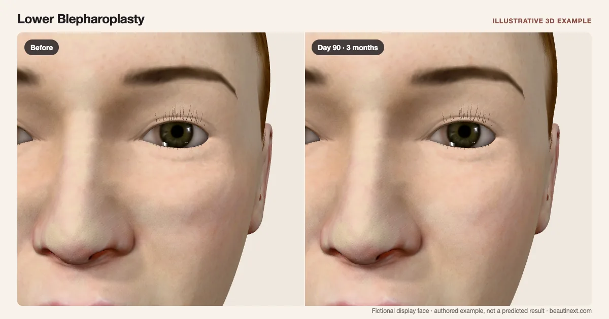 Lower Blepharoplasty on a fictional 3D face: before treatment and day 90 · 3 months
