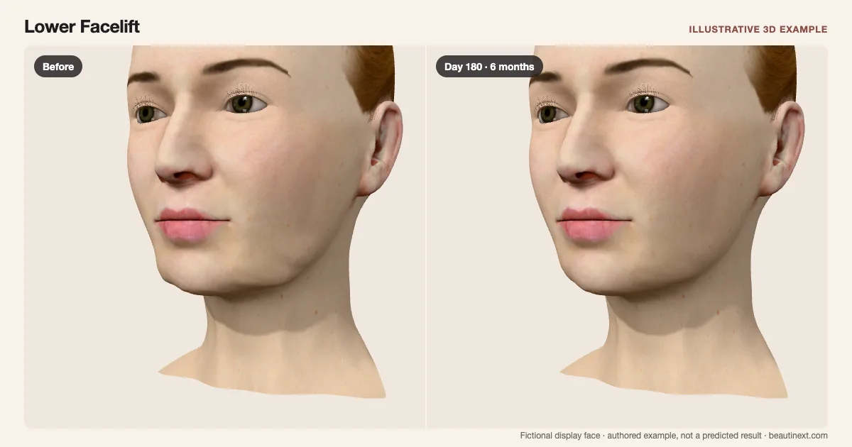 Lower Facelift on a fictional 3D face: before treatment and day 180 · 6 months