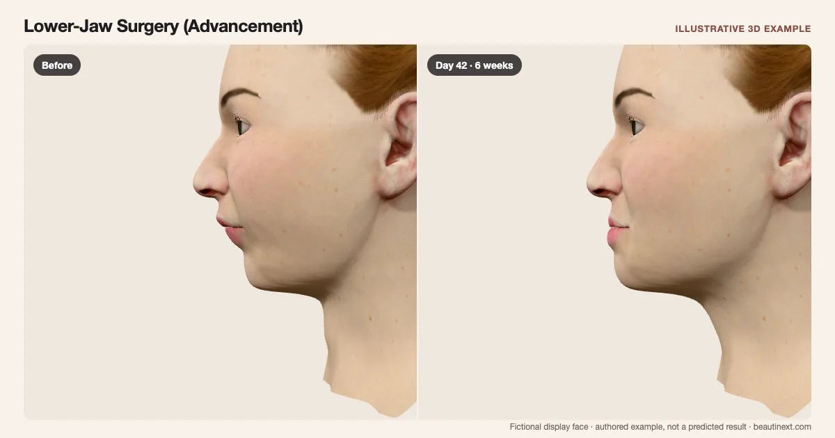 Lower-Jaw Surgery (Advancement) on a fictional 3D face: before treatment and day 42 · 6 weeks