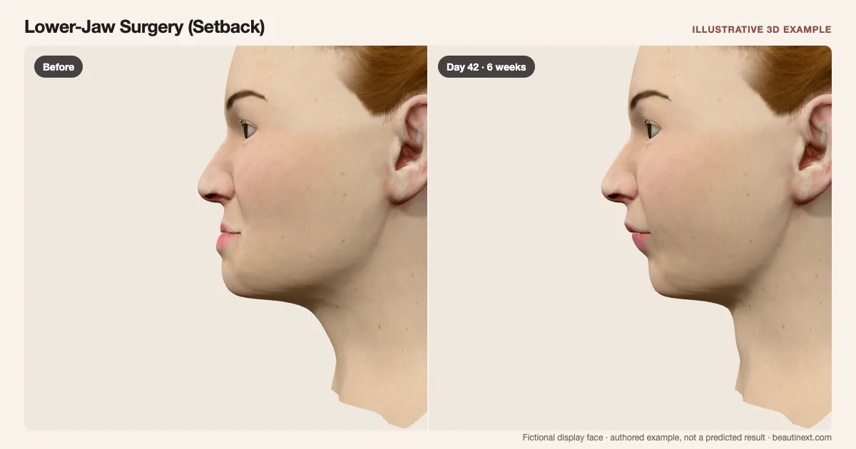 Lower-Jaw Surgery (Setback) on a fictional 3D face: before treatment and day 42 · 6 weeks