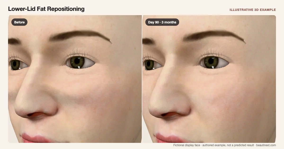 Lower-Lid Fat Repositioning on a fictional 3D face: before treatment and day 90 · 3 months