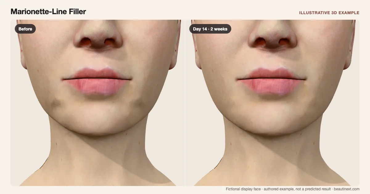 Marionette-Line Filler on a fictional 3D face: before treatment and day 14 · 2 weeks