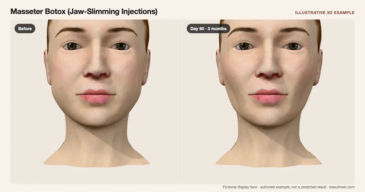 Masseter Botox (Jaw-Slimming Injections) on a fictional 3D face: before treatment and day 90 · 3 months