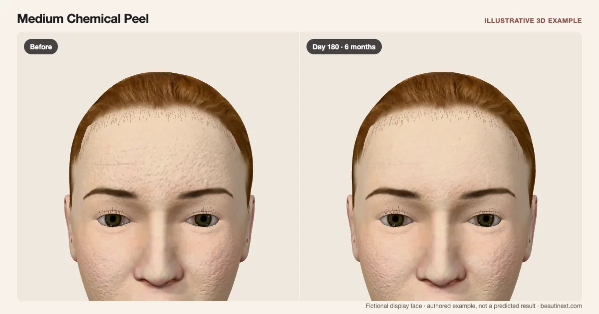 Medium Chemical Peel on a fictional 3D face: before treatment and day 180 · 6 months