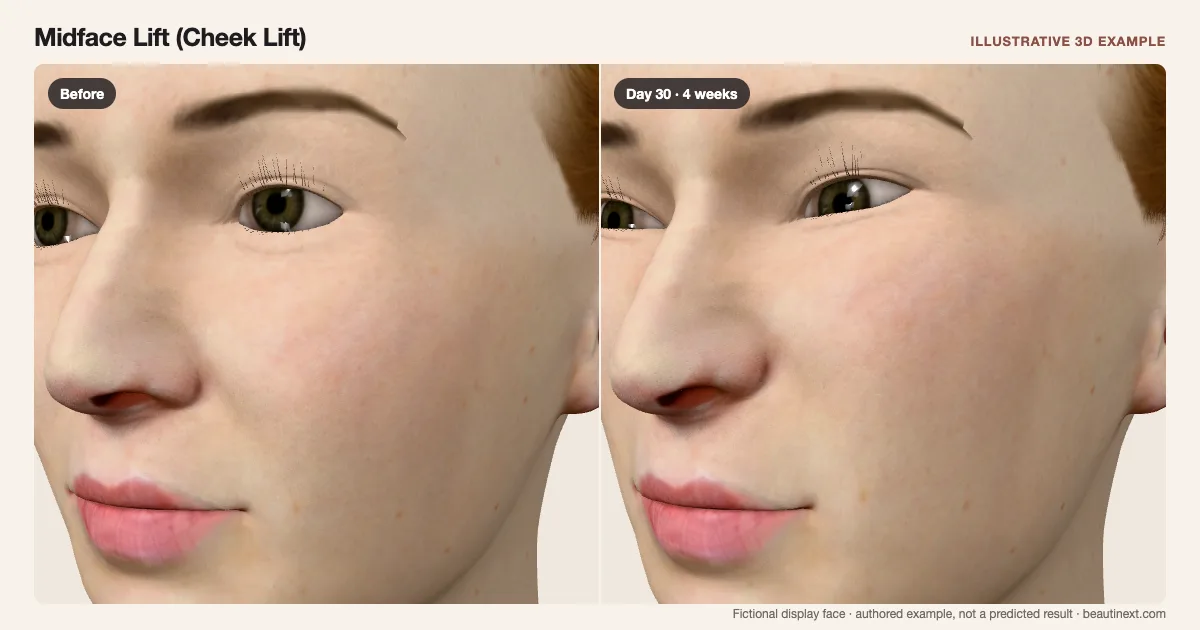Midface Lift (Cheek Lift) on a fictional 3D face: before treatment and day 30 · 4 weeks
