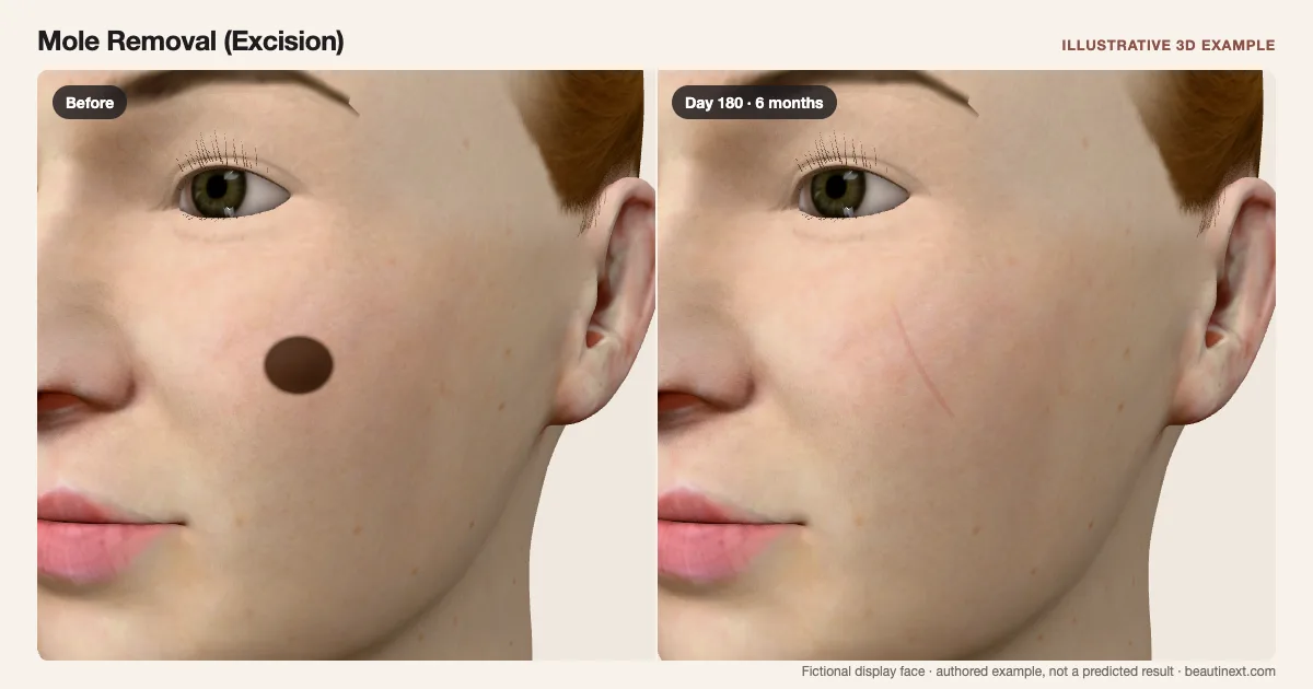 Mole Removal (Excision) on a fictional 3D face: before treatment and day 180 · 6 months